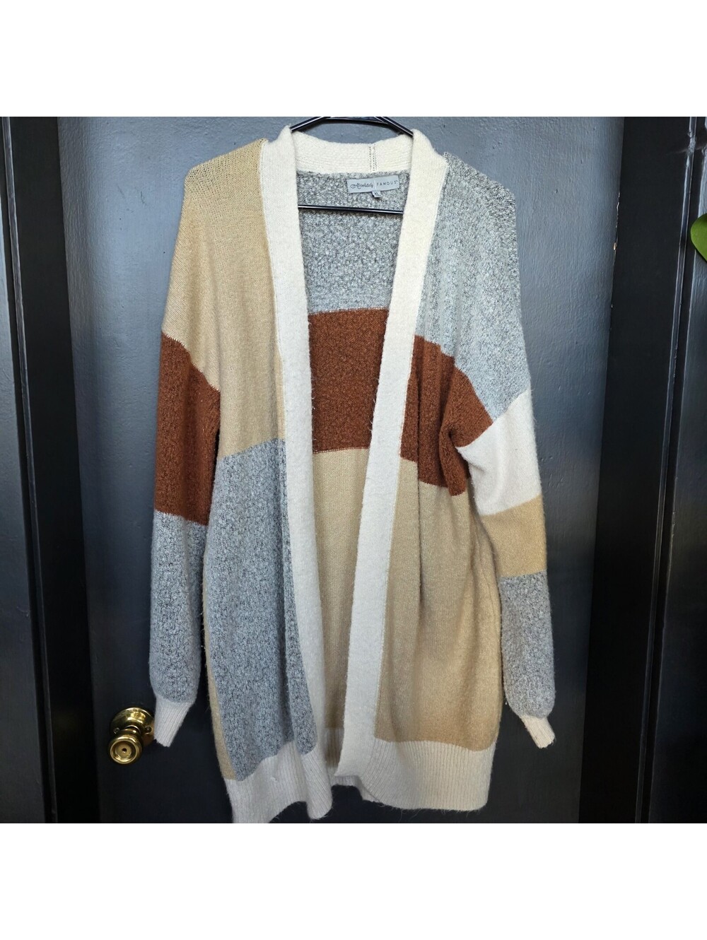 Almost Famous Neutral Boho Colorblock Knit Open Front Cardigan Sweater XL
